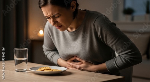 Woman suffering from food poisoning at table. Girl feeling stomach ache after eating unhealthy food. Bacterial infection caused by escherichia coli. Medical concept of gastritis pain.