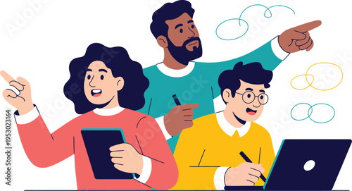 Energetic young professionals point toward a shared goal during an active.