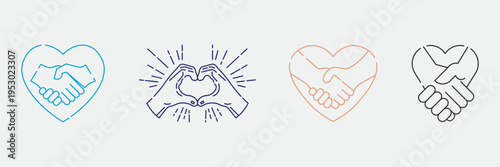 Handshake Linear icon in heart shape. Shaking hand representing partnership, trust, friendship, teamwork and more. Transparent PNG and vector