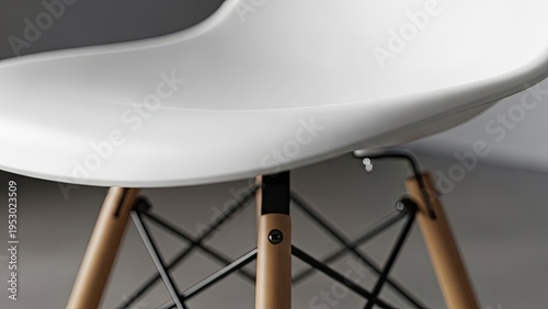 Close-up of a modern white chair with wooden legs, black metal support, against a grey background