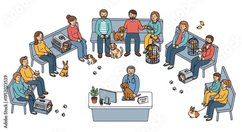 Veterinary Clinic Waiting Room with People and Pets