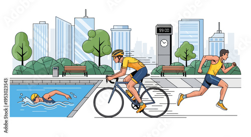 Triathlon training in city park: swimming, cycling, running, cityscape background