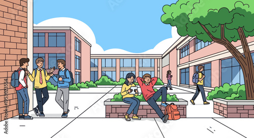 Students Relaxing and Socializing in Sunny School Courtyard
