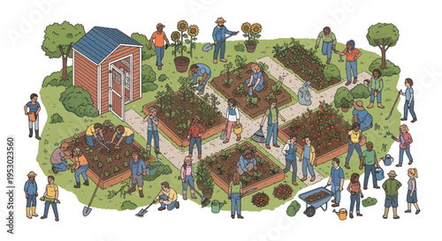 Diverse Community Gardeners Cultivating Plants in Raised Beds, Isometric View