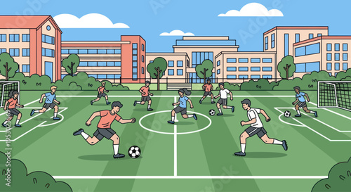 Children playing soccer on a school field with modern buildings in the background