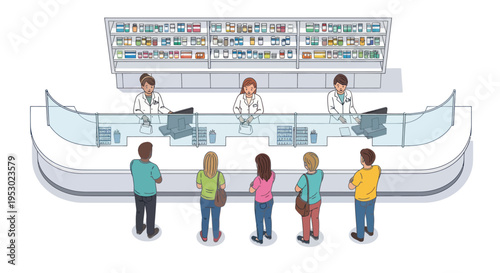 Pharmacy interior with customers queuing at counter and pharmacists behind shelves