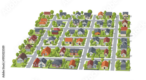 Aerial view of a suburban neighborhood with houses, streets, and trees, isometric illustration