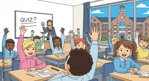 Happy students raising hands in classroom for quiz, excited for learning and answering questions.