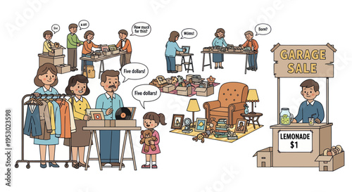 Diverse people at a lively garage sale with clothes, furniture, toys, and lemonade stand.
