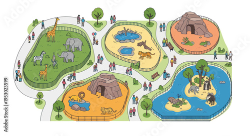 Cartoon Zoo Aerial View with Diverse Animals and Visitors Exploring Habitats