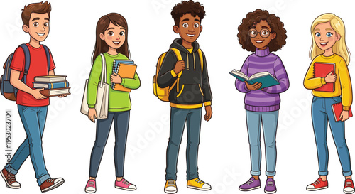 Diverse Multiracial Group of Students Standing Together with Backpacks and Books, Happy Young College Teenagers Illustration for Education Concept