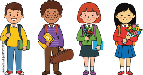 Diverse Group of Happy School Children Carrying Books, Flowers, and Musical Instrument Case Back to School Flat Vector Illustration