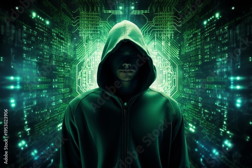 Dark hooded figure stands amid glowing green digital data streams and circuitry