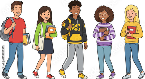 Diverse group of happy multiethnic students carrying backpacks and books walking together to university or college campus for education