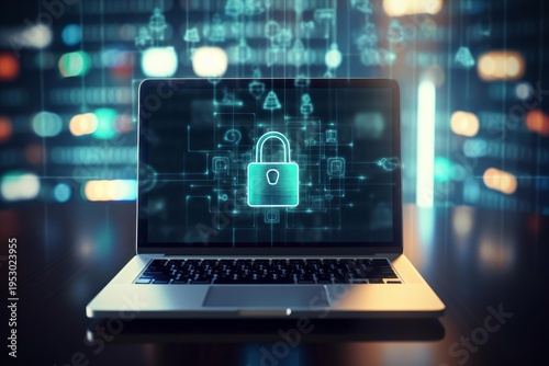 Laptop screen showing a glowing digital lock and network symbols, representing cybersecurity and privacy