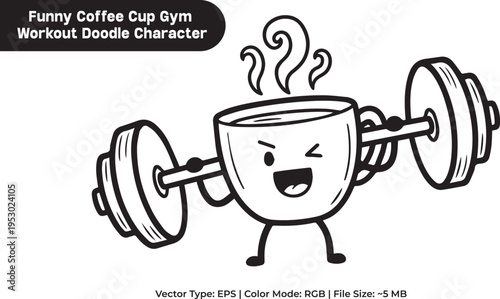Funny Coffee Cup Character Lifting Barbell Gym Workout Vector Doodle