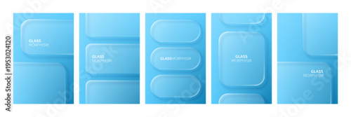 Blue liquid glass morphism abstract vector collection. Set of translucent rectangle shapes with soft shadow and blur effect for modern interface design. Minimalist UI background UI art.