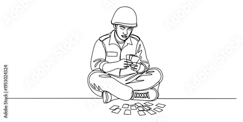 One line drawing of a military soldier sitting on the floor and playing cards during a break