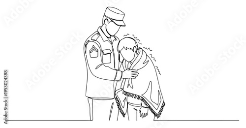 A soldier in military uniform comforting a distressed civilian wrapped in a blanket in a minimal continuous line art style