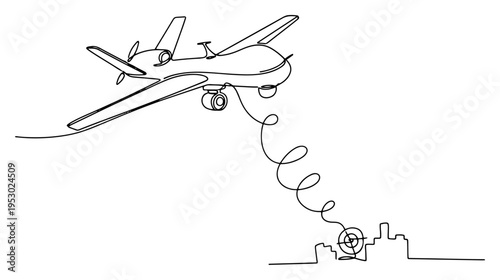Single line art illustration of a military combat drone targeting a specific location above a minimalist city skyline