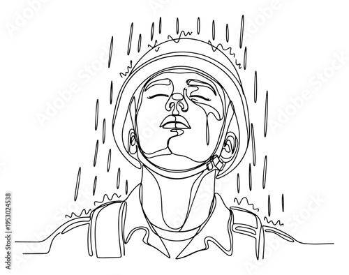 Continuous one line drawing of a tired soldier in helmet and uniform looking up at the falling rain with closed eyes