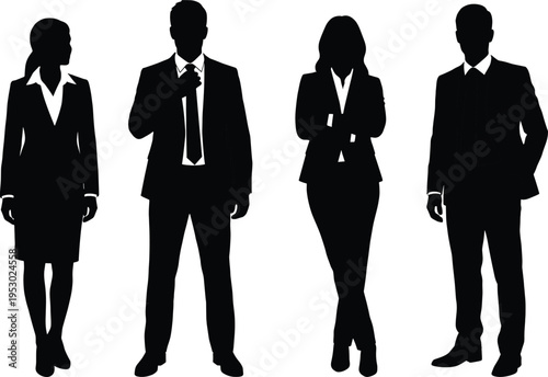 Silhouette of professional business people, confident men and women in formal suits standing against a grey background, vector illustration
