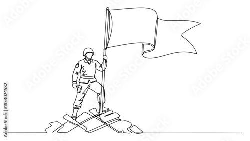One line drawing of a brave soldier holding a flag on top of ruins after victory