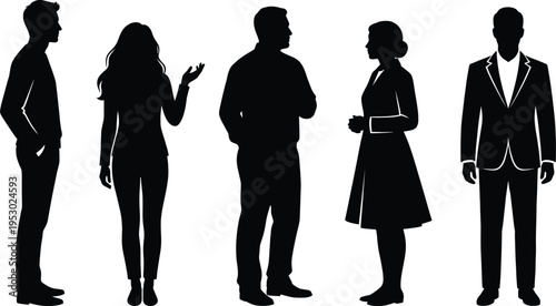 Black silhouettes of diverse professional men and women in business attire, standing and talking in a corporate group, isolated on white background, vector illustration