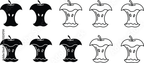 Apple core, apple bitten vector icons set.
