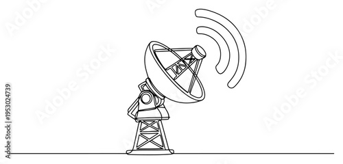 Minimalist continuous one line drawing of a satellite dish antenna transmitting wireless communication signals