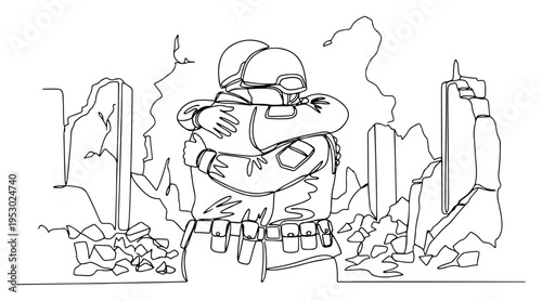 Single line art illustration of two soldiers in uniform hugging each other among ruins of a destroyed city