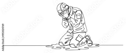 Continuous line drawing of a distressed military soldier kneeling on the ground and covering his face in grief