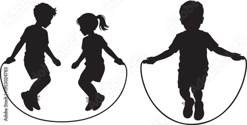 Children Jumping Rope Silhouettes white background