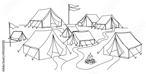 One line drawing of a military tent camp base with flags and a campfire in the middle