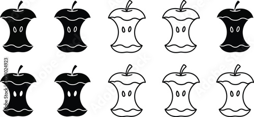Apple core, apple bitten vector icons set.