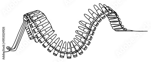 Continuous one line drawing of a machine gun ammunition belt with bullets in a curved wave pattern
