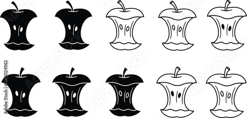 Apple core, apple bitten vector icons set.