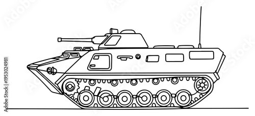 Minimalist continuous one line drawing of a military armored personnel carrier vehicle with a turret