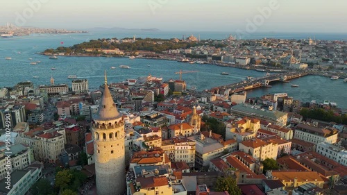 Wallpaper Mural Cinematic aerial shot of Galata Tower at sunset in Istanbul, Turkey Torontodigital.ca