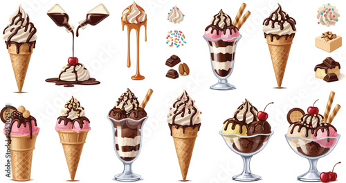 Ice Cream Sundae and Dessert Glass Collection Vector Set Featuring Layered Parfaits Chocolate Syrup Toppings Waffle Cones and Gourmet Sweet Treat IllustrationsIce 