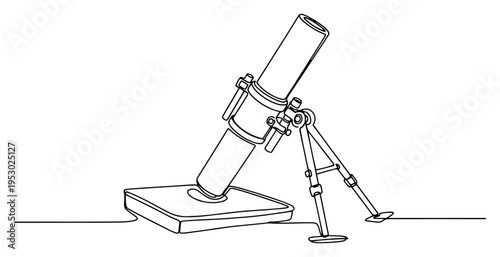 Military mortar artillery weapon on a stand in a simple continuous line drawing style