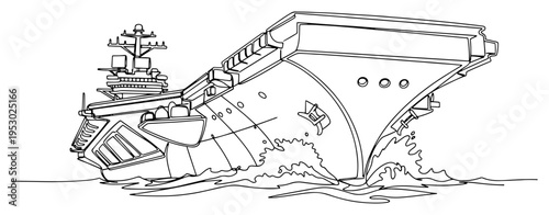 Continuous one line drawing of a massive aircraft carrier ship sailing on ocean waves