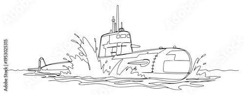 Military submarine emerging from the ocean water with splashes in a minimalist continuous line art style