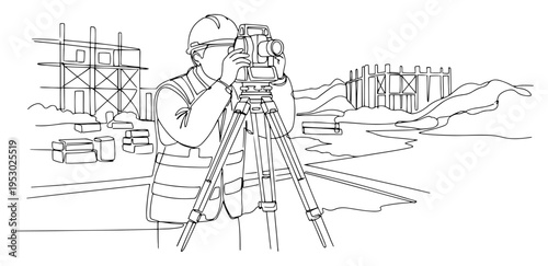 Continuous one line drawing of a civil engineer operating a professional surveying total station in the field