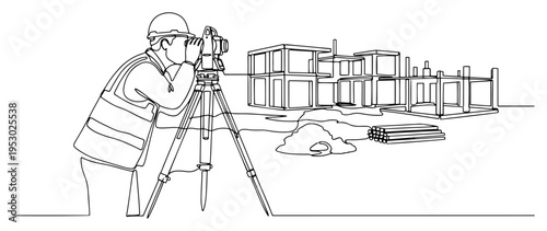 Single line art illustration of a land surveyor in a helmet using a theodolite at a construction site