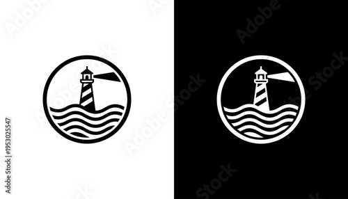 Illustration of a lighthouse standing tall on wavy waters within a circle.