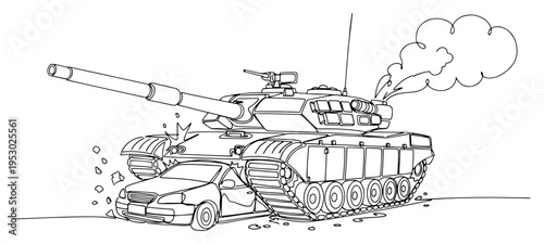 Continuous line drawing of a heavy military tank crushing a civilian car in a battle scene