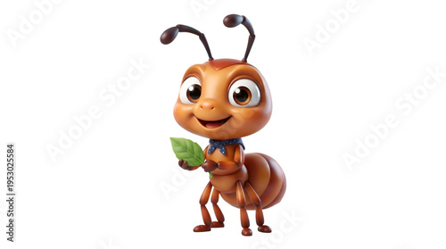A cheerful cartoon ant character holding a green leaf with a blue scarf around its neck and big expressive eyes
