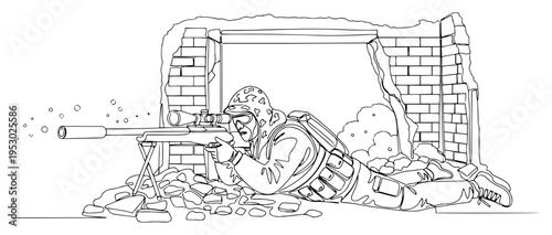 One line drawing of a military sniper aiming a rifle from behind ruins during a combat mission