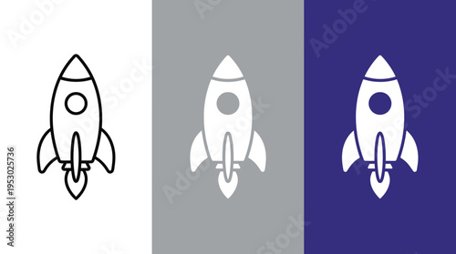Rocket Ship Icons on White, Grey, Blue Backgrounds